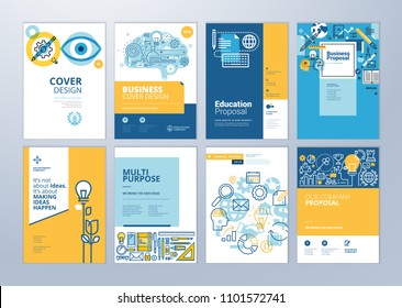 Brochure cover design and flyer layout templates set for education, school, online learning. Vector illustrations for marketing material, ads and magazine, annual report cover, business presentation.