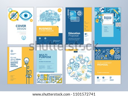 Brochure cover design and flyer layout templates set for education, school, online learning. Vector illustrations for marketing material, ads and magazine, annual report cover, business presentation.