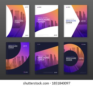 Brochure cover design layout set for business and construction. Abstract geometry with coloured cityscape vector illustration on background. Good for annual report, industrial catalog design.