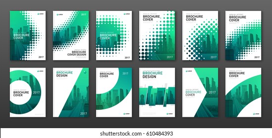 Brochure cover design layout set  for business and construction. Abstract geometry with colored cityscape vector illustration on background. Good for annual report, magazine, flyer, leaflet, poster.