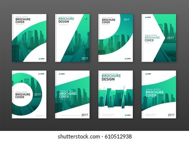 Brochure cover design layout set  for business and construction. Abstract geometry with colored cityscape vector illustration on background. Good for annual report, magazine, flyer, leaflet, poster.