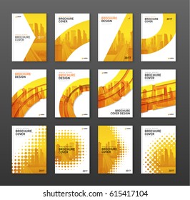 Brochure cover design layout set  for business and construction. Abstract geometry with colored cityscape vector illustration on background. Good for annual report, magazine, flyer, leaflet, poster.