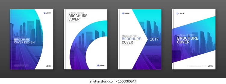 Brochure cover design layouts set for business with abstract geometry and cityscape vector illustration on background. Magazine cover, annual report cover, flyer layout, leaflet