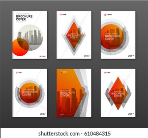 Brochure cover design layouts set for business and construction. Abstract geometry with colored cityscape vector illustration in shape. Good for annual report, magazine, flyer, leaflet, poster.