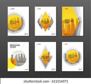 Brochure cover design layouts set for business and construction. Abstract geometry with colored cityscape vector illustration in shape. Good for annual report, magazine, flyer, leaflet, poster.