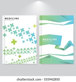 Brochure cover design. Medicine theme. Abstract backgrounds with geometric shapes. Colorful crosses and polygons. A4 template. Use for your brochure, poster, flyer, business presentation. 