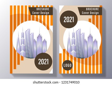 Brochure cover design: skyscrapers, cityscape on on the background of geometric shapes of orange stripes and circles. Vector Illustration