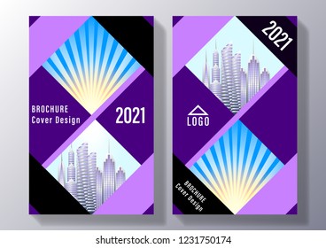 Brochure cover design: skyscrapers, cityscape on on the background of geometric shapes of rhombuses. Vector Illustration