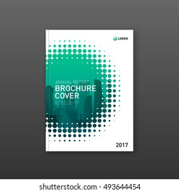 Brochure cover design template for construction or technology company. Abstract geometry with colored cityscape vector illustration on background. Good for annual report, book, flyer, leaflet, poster.