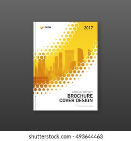 Brochure cover design template for construction or technology company. Abstract geometry with colored cityscape vector illustration on background. Good for annual report, book, flyer, leaflet, poster.