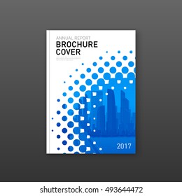Brochure cover design template for construction or technology company. Abstract geometry with colored cityscape vector illustration on background. Good for annual report, book, flyer, leaflet, poster.