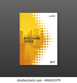 Brochure cover design template for construction or technology company. Abstract geometry with colored cityscape vector illustration on background. Good for annual report, book, flyer, leaflet, poster.