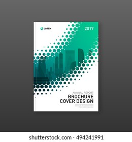 Brochure cover design template for construction or technology company. Abstract geometry with colored cityscape vector illustration on background. Good for annual report, book, flyer, leaflet, poster.