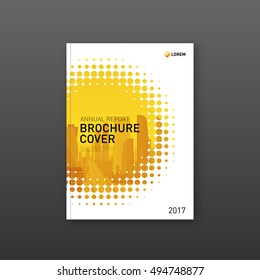 Brochure cover design template for construction or technology company. Abstract geometry with colored cityscape vector illustration on background. Good for annual report, book, flyer, leaflet, poster.
