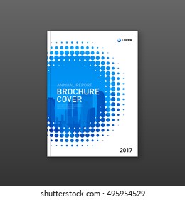 Brochure cover design template for construction or technology company. Abstract geometry with colored cityscape vector illustration on background. Good for annual report, book, flyer, leaflet, poster.