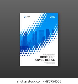Brochure cover design template for construction or technology company. Abstract geometry with colored cityscape vector illustration on background. Good for annual report, book, flyer, leaflet, poster.