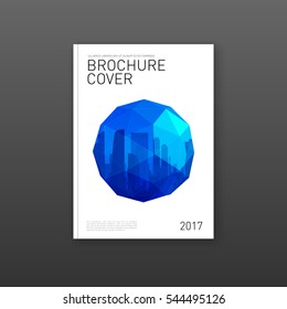 Brochure cover design template for construction or technology company. Abstract geometry with colored cityscape vector illustration on background. Good for annual report, magazine, flyer, leaflet.