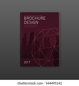 Brochure cover design template for construction or technology company. Abstract geometry with colored cityscape vector illustration on background. Good for annual report, magazine, flyer, leaflet.
