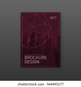 Brochure cover design template for construction or technology company. Abstract geometry with colored cityscape vector illustration on background. Good for annual report, magazine, flyer, leaflet.