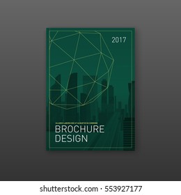 Brochure cover design template for construction or technology company. Abstract geometry with colored cityscape vector illustration on background. Good for annual report, magazine, flyer, leaflet.