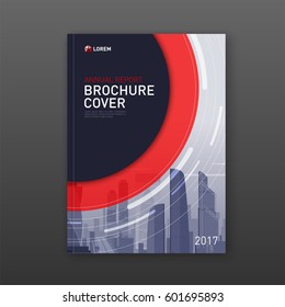 Brochure cover design template for construction or finance company. Abstract minimalistic geometry with cityscape vector illustration on background. Good for annual report, magazine, flyer, poster.