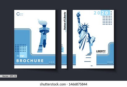 Brochure cover design template. Geometric design statue of liberty. New York, homes. First page, layout. Blue and white design. Book, booklet, album, poster. Annual report, title. Ad text, torch hand