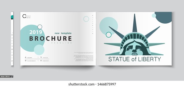 Brochure cover design template. Geometric design, portrait of Statue of Liberty. New York. First page, layout. Green and white design. Book, booklet album, poster. Annual report, title.A4 format, text