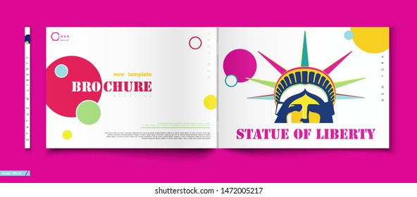 Brochure cover design template. Geometric design, portrait of Statue of Liberty. New York. First page, layout. Pink and yellow design. Book, booklet album, poster. Annual report, title.A4 format, text