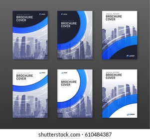 Brochure cover design templates set for construction or finance company. Abstract minimalistic geometry with cityscape vector illustration on background. Good for annual report, magazine or catalog.