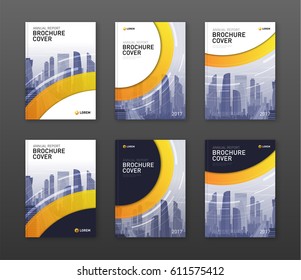 Brochure cover design templates set for construction or finance company. Abstract minimalistic geometry with cityscape vector illustration on background. Good for annual report, magazine, flyer.