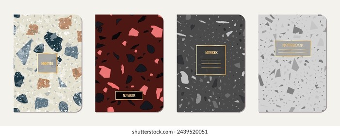 Brochure cover design. Terrazzo abstract background made of natural stones, granite, quartz and marble. Venetian terrazzo texture brochure template.