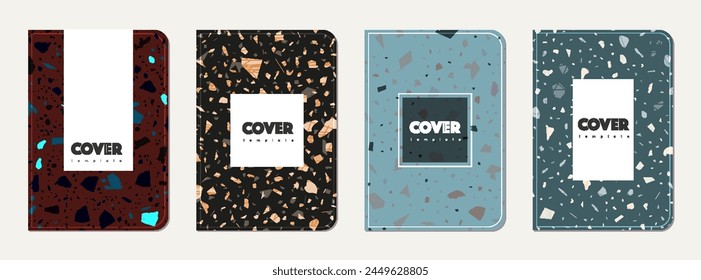 Brochure cover design. Terrazzo abstract background made of natural stones, granite, quartz and marble. Venetian terrazzo texture brochure template.