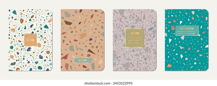 Brochure cover design. Terrazzo abstract background made of natural stones, granite, quartz and marble. Venetian terrazzo texture brochure template.