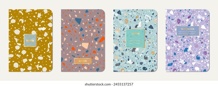 Brochure cover design. Terrazzo abstract background made of natural stones, granite, quartz and marble. Venetian terrazzo texture brochure template.