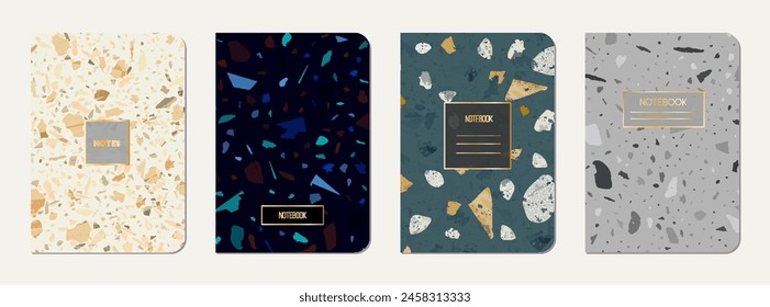 Brochure cover design. Terrazzo abstract background made of natural stones, granite, quartz and marble. Venetian terrazzo texture brochure template.