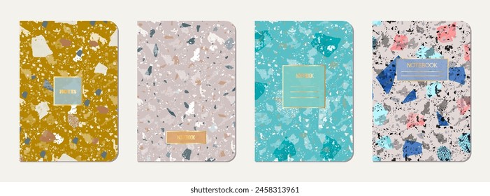 Brochure cover design. Terrazzo abstract background made of natural stones, granite, quartz and marble. Venetian terrazzo texture brochure template.