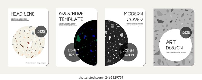 Brochure cover design. Terrazzo abstract background made of natural stones, granite, quartz and marble. Venetian terrazzo texture brochure template.