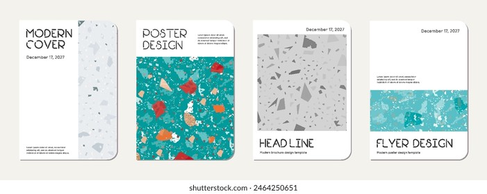 Brochure cover design. Terrazzo abstract background made of natural stones, granite, quartz and marble. Venetian terrazzo texture brochure template.