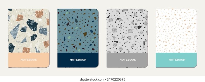 Brochure cover design. Terrazzo abstract background made of natural stones, granite, quartz and marble. Venetian terrazzo texture brochure template.