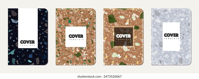 Brochure cover design. Terrazzo abstract background made of natural stones, granite, quartz and marble. Venetian terrazzo texture brochure template.