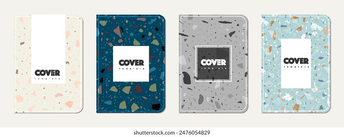 Brochure cover design. Terrazzo abstract background made of natural stones, granite, quartz and marble. Venetian terrazzo texture brochure template.