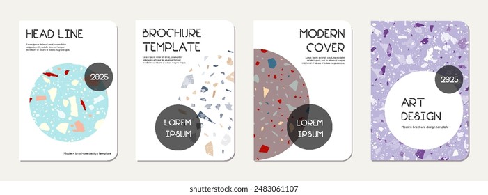 Brochure cover design. Terrazzo abstract background made of natural stones, granite, quartz and marble. Venetian terrazzo texture brochure template.