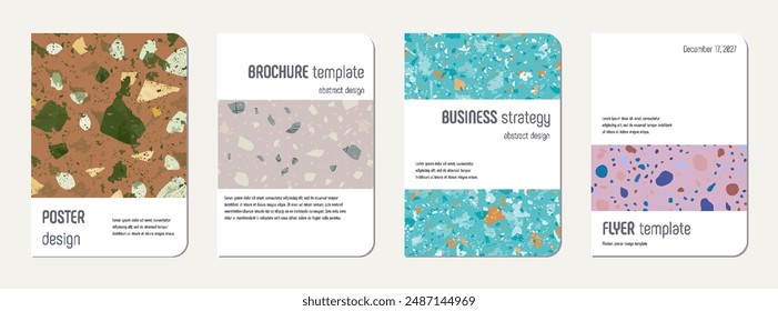 Brochure cover design. Terrazzo abstract background made of natural stones, granite, quartz and marble. Venetian terrazzo texture brochure template.