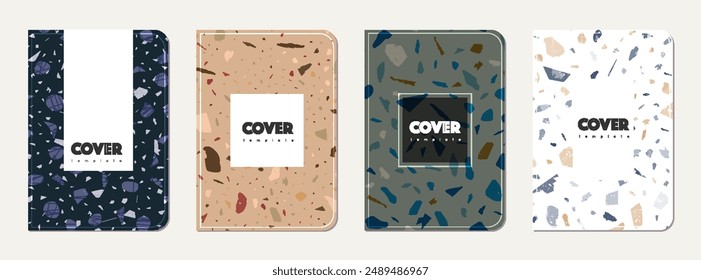 Brochure cover design. Terrazzo abstract background made of natural stones, granite, quartz and marble. Venetian terrazzo texture brochure template.