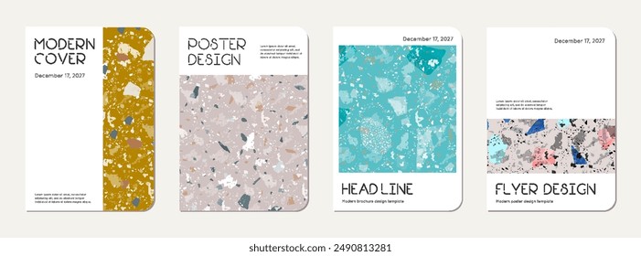 Brochure cover design. Terrazzo abstract background made of natural stones, granite, quartz and marble. Venetian terrazzo texture brochure template.