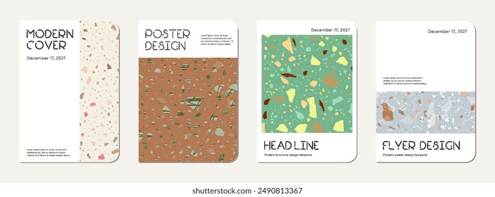 Brochure cover design. Terrazzo abstract background made of natural stones, granite, quartz and marble. Venetian terrazzo texture brochure template.