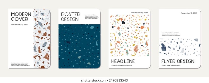Brochure cover design. Terrazzo abstract background made of natural stones, granite, quartz and marble. Venetian terrazzo texture brochure template.