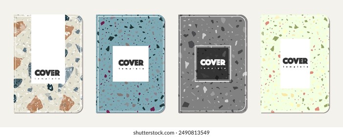 Brochure cover design. Terrazzo abstract background made of natural stones, granite, quartz and marble. Venetian terrazzo texture brochure template.