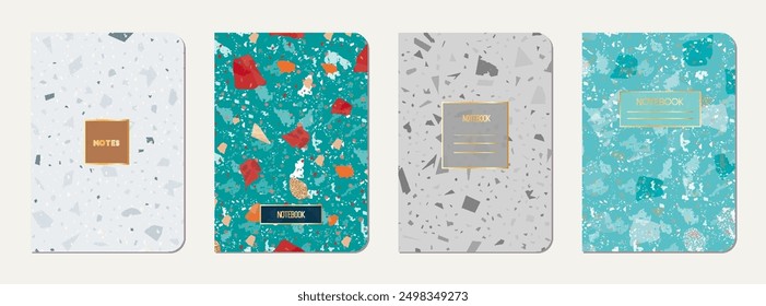 Brochure cover design. Terrazzo abstract background made of natural stones, granite, quartz and marble. Venetian terrazzo texture brochure template.