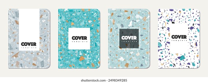 Brochure cover design. Terrazzo abstract background made of natural stones, granite, quartz and marble. Venetian terrazzo texture brochure template.